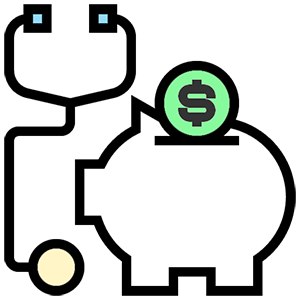 Icon black line drawing of a piggy bank with a green coin to represent healthcare options and a stethoscope for healthcare