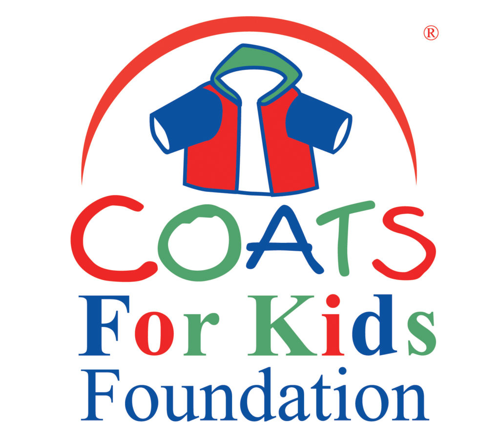 Colorful logo of red arched line over a child's coat over the words Coats for Kids Foundation