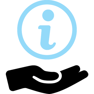 Icon of a black hand with a blue i surrounded by a circle to represent information