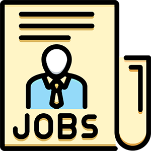 Icon line drawing of a person's profile against a yellow background with the word JOBS underneath figure.
