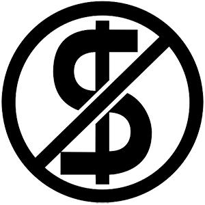 Icon of black dollar sign inside a circle outlined in black with a slash through it