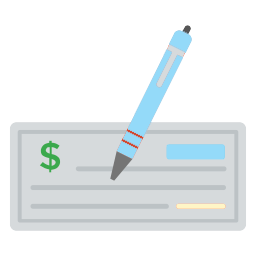 Gray icon of a check with a green dollar sign in the corner and a blue pen as if it's writing on the check